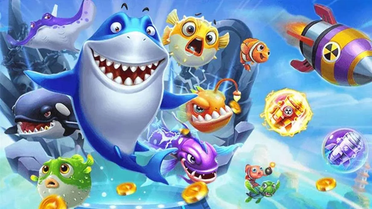 Arena fishing arcade dengan ikan bergerak dan efek visual bawah laut