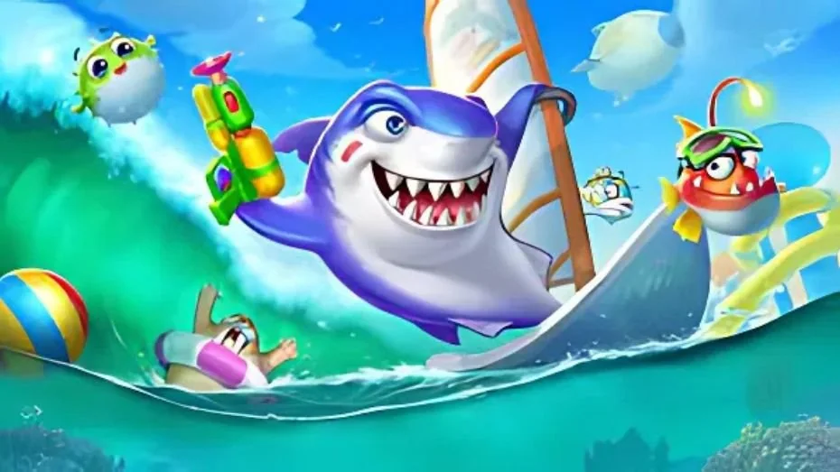 Target ikan dan kendali meriam dalam arena arcade bawah laut